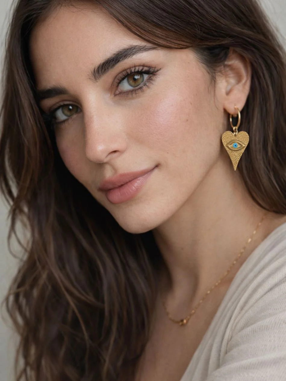 Gold Evil Eye Heart Earrings - Image 2