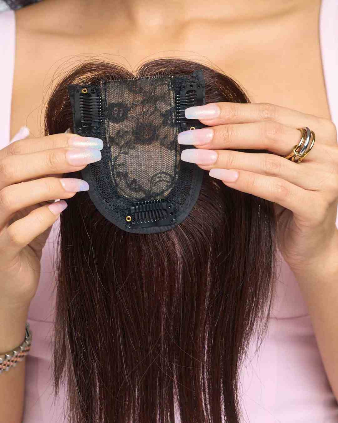 Hair Topper For Short Hair – Silk Top Topper  3x4 - Natural Black with Highlights - Image 13