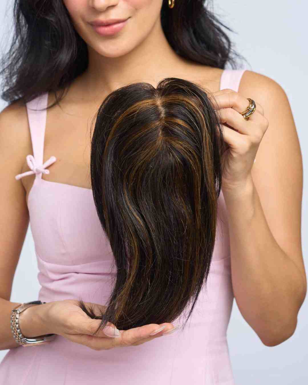 Hair Topper For Short Hair – Silk Top Topper  3x4 - Natural Black with Highlights - Image 3